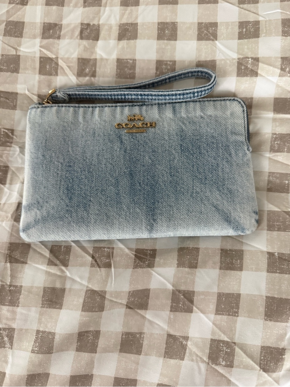 Coach Light Denim Wristlet Clutch with Gold Logo